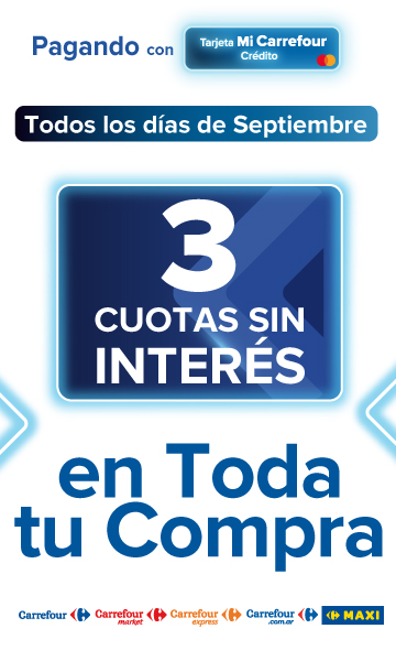 Exclusivo con Tarjeta Mi Carrefour Crédito, del 1 al 30 de septiembre, 3 CUOTAS SIN INTERÉS en toda tu compra!