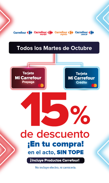 Exclusivo con Tarjeta Mi Carrefour crédito y prepaga, 15% de descuento en tu compra SIN TOPE todos los martes.