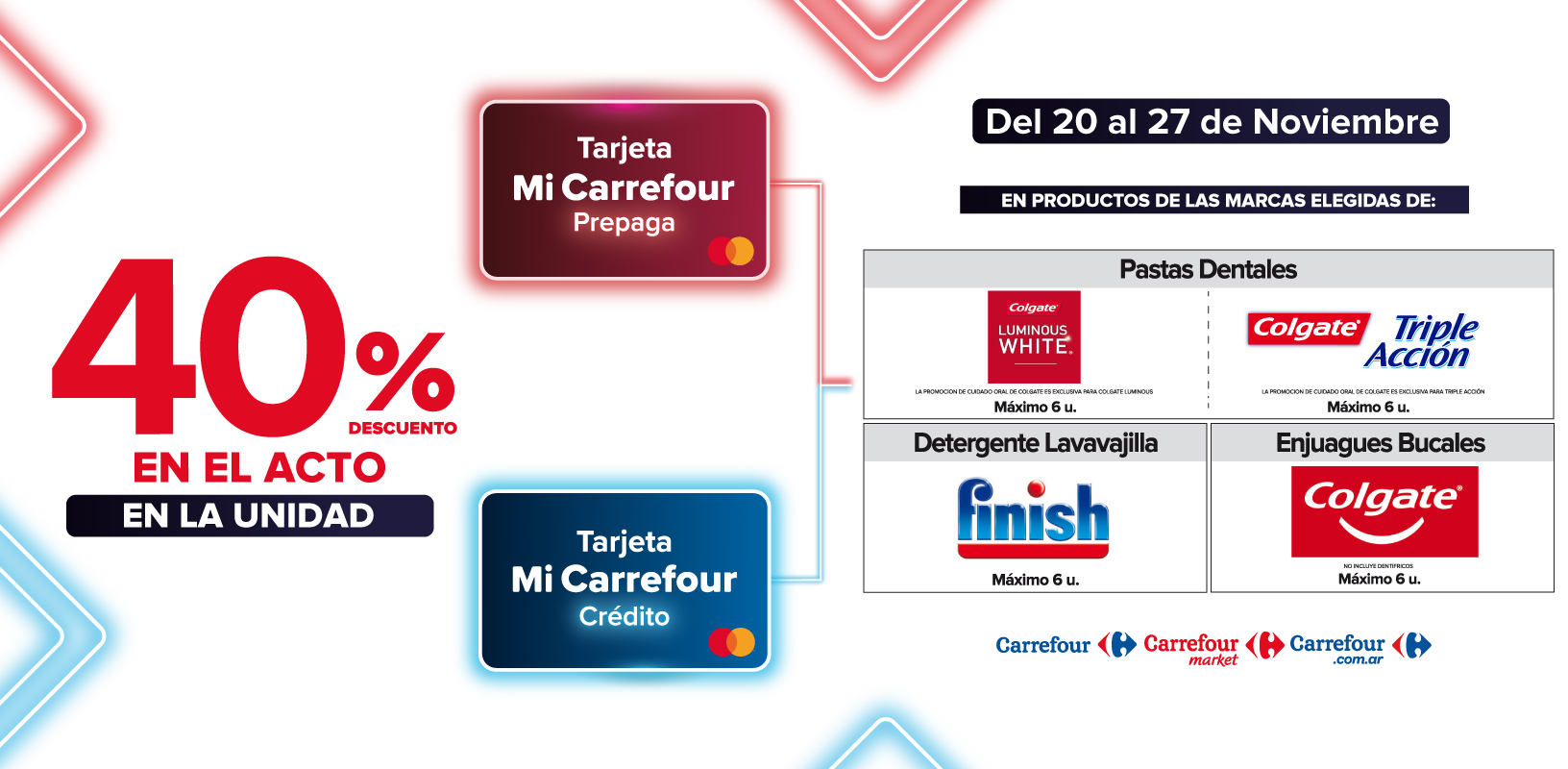 Exclusivo con tarjeta mi carrefour crédito y prepaga, del 20 al 27 de noviembre, 40% de descuento en Productos de marcas seleccionadas.