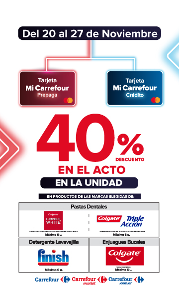 Exclusivo con tarjeta mi carrefour crédito y prepaga, del 20 al 27 de noviembre, 40% de descuento en Productos de marcas seleccionadas.