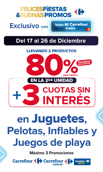 Exclusivo con tarjeta mi carrefour, del 17 al 26 de diciembre, 80% de descuento en la segunda unidad más 3 cuotas sin interés en Juguetes, Pelotas, Inflables y Juegos de playa