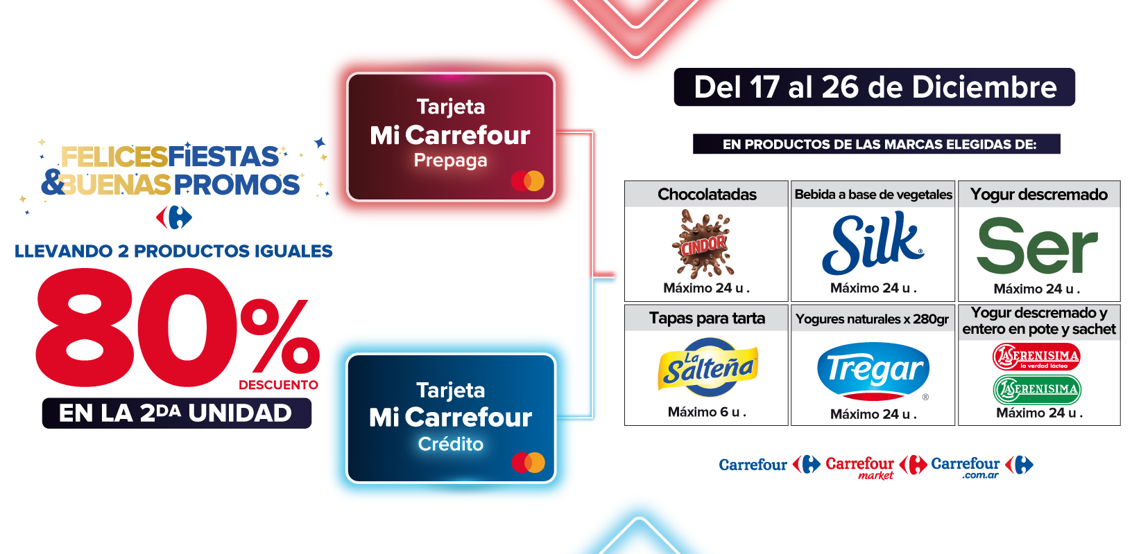 Exclusivo con tarjeta mi carrefour crédito y prepaga, del 17 al 26 de diciembre, 80% de descuento en la segunda unidad de Productos de marcas seleccionadas.