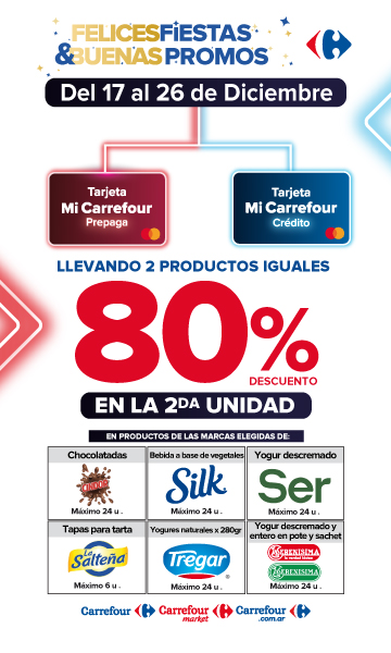 Exclusivo con tarjeta mi carrefour crédito y prepaga, del 17 al 26 de diciembre, 80% de descuento en la segunda unidad de Productos de marcas seleccionadas.