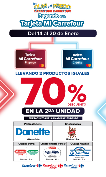 Exclusivo con tarjeta mi Carrefour crédito y prepaga, del 14 al 20 de enero, 70% de descuento en la segunda unidad de Productos de marcas seleccionadas.