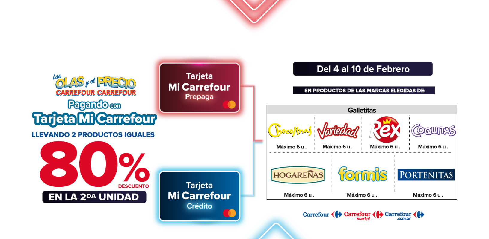 Exclusivo con tarjeta mi Carrefour crédito y prepaga, del 4 al 10 de febrero, 80% de descuento en la segunda unidad de Productos de marcas seleccionadas.