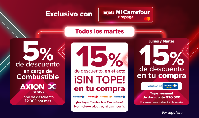 Exclusivo con Tarjeta Mi Carrefour Prepaga. Todos los martes 15% de descuento SIN TOPE en carrefour, 10% de descuento en combustibles Axion (tope $3.000 por mes) y lunes y martes 15% de descuento en Maxi (Tope $20.000 por semana)