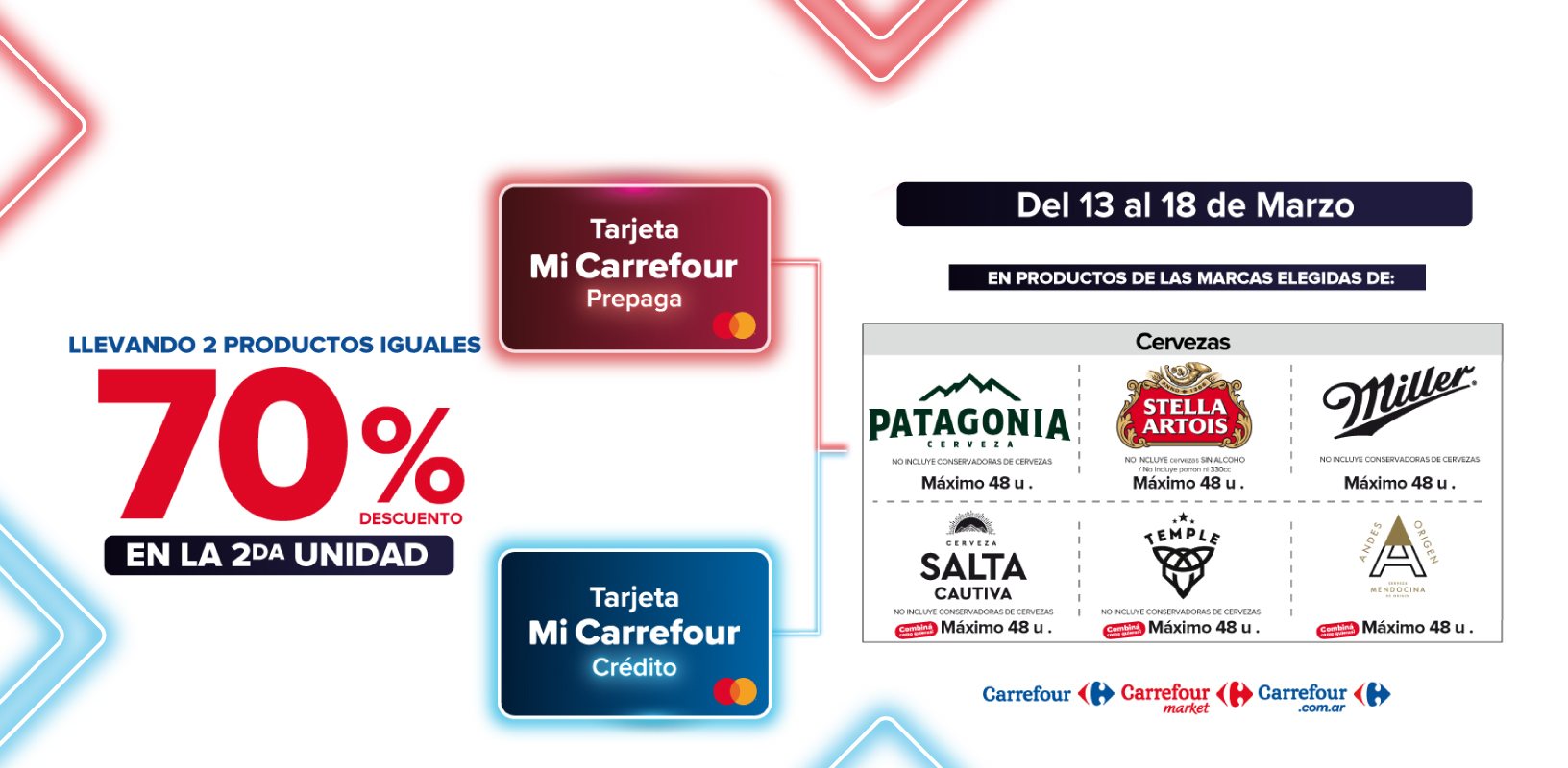 Exclusivo con tarjeta mi Carrefour crédito y prepaga, del 13 al 18 de Marzo, 70% de descuento en la segunda unidad de Productos de marcas seleccionadas.