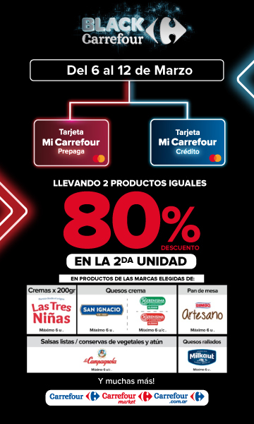 Exclusivo con tarjeta mi Carrefour crédito y prepaga, del 6 al 12 de Marzo, 80% de descuento en la segunda unidad de Productos de marcas seleccionadas.