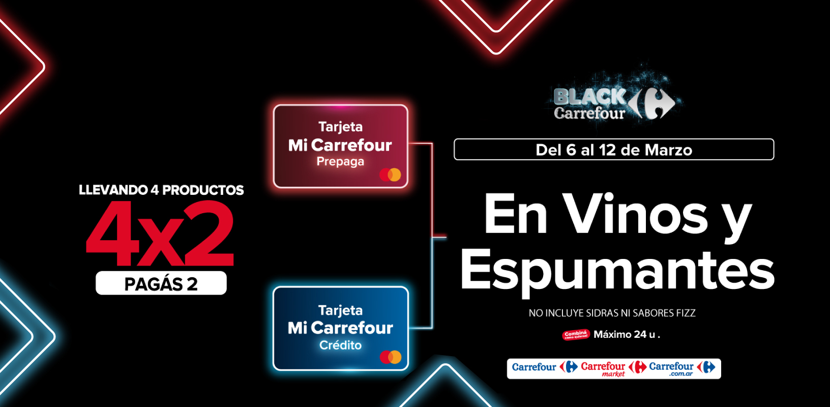 Del 6 al 12 de Marzo, 4x2 en vinos y espumantes, exclusivo con tarjeta mi carrefour credito y prepaga.