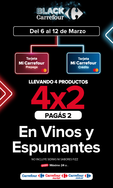 Del 6 al 12 de Marzo, 4x2 en vinos y espumantes, exclusivo con tarjeta mi carrefour credito y prepaga.